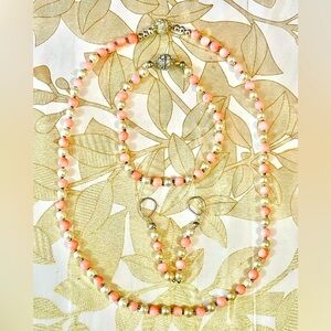 Lot Of 3 Coral Glass/ Faux Pearl Necklace Bracelet Earrings Handmade